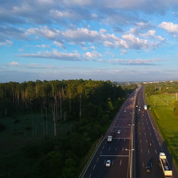 High angle view of road in city against sky