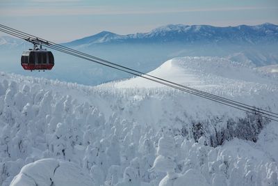 Overhead cable car against mountains