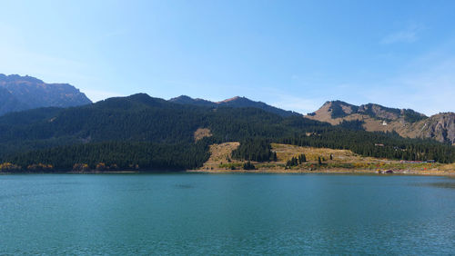 Scenic view of lake against blue sky