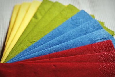 Close-up of multi colored napkins on table