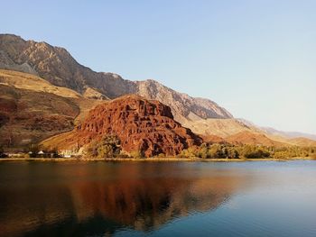 Scenic view of lake and mountains against clear sky