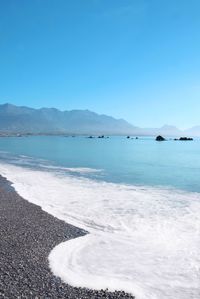 Scenic view of sea against clear blue sky