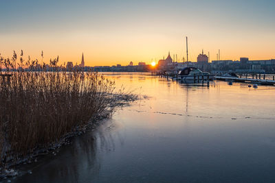 View of marina at sunset