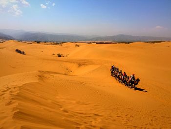 People on camel at desert against sky