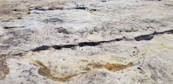 High angle view of footprints on sand