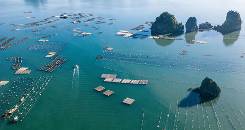 High angle view of boats in sea