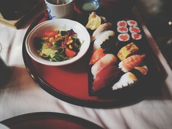 Close-up of food served on table