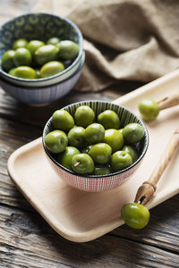 High angle view of fruits in bowl on table