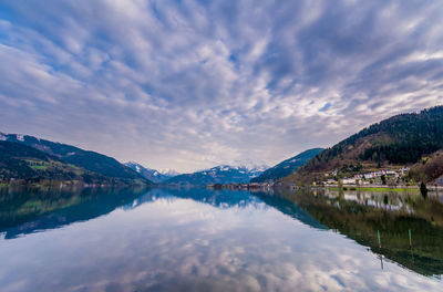 Scenic view of lake and mountains against sky