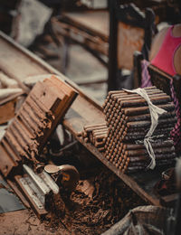 High angle view of wicker basket at market