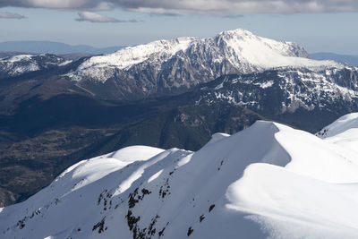 Scenic view of snow covered mountains against sky