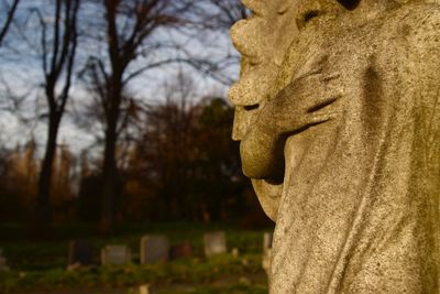 Close-up of angel statue in cemetery