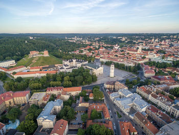 Vilnius old town with cathedral square and gediminas castle in background. bell tower, 