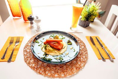 High angle view of breakfast served on table