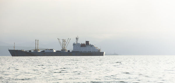 Fishing trawler in the bay on the roads in kamchatka peninsula