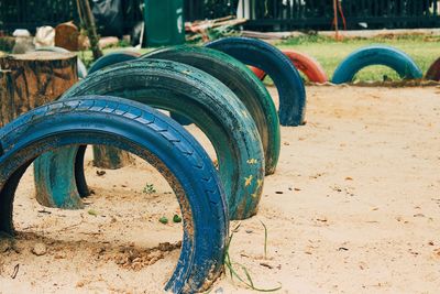 Close-up of tire against blue sky