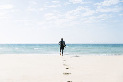 Rear view of man standing on beach against sky