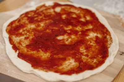 High angle view of pizza on table