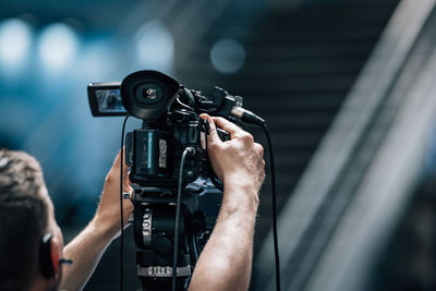 Camera at a live media conference.