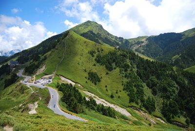 High angle view of mountain road against sky