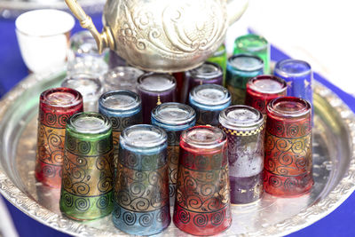 High angle view of various bottles on table