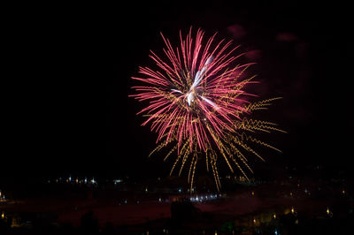 Firework display in sky at night