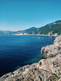 Scenic view of sea against clear blue sky