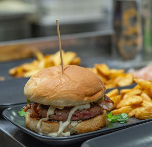 Close-up of burger in plate