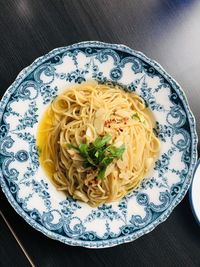 High angle view of food in plate on table