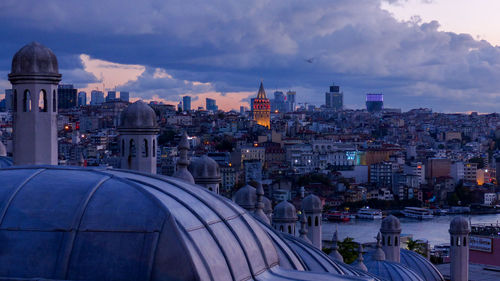 Buildings in city at sunset
