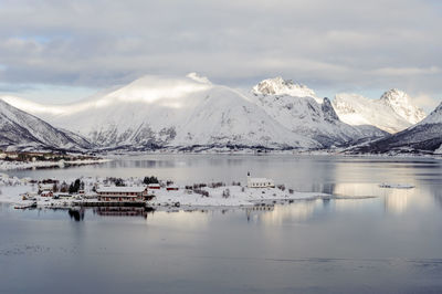 Scenic view of snowcapped mountains and lake against sky