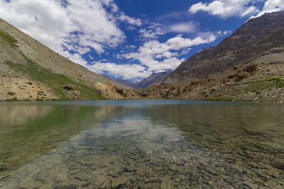 Scenic view of lake against cloudy sky