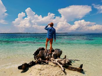 Rear view of man standing on beach against sky
