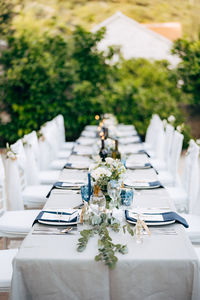 Table and chairs on plants