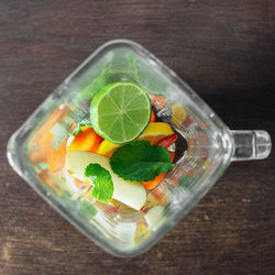 High angle view of fruits in glass