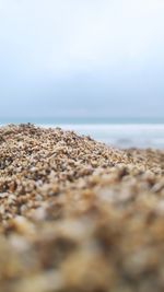 Close-up of pebbles on beach against sky