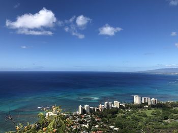 Scenic view of sea and buildings against sky