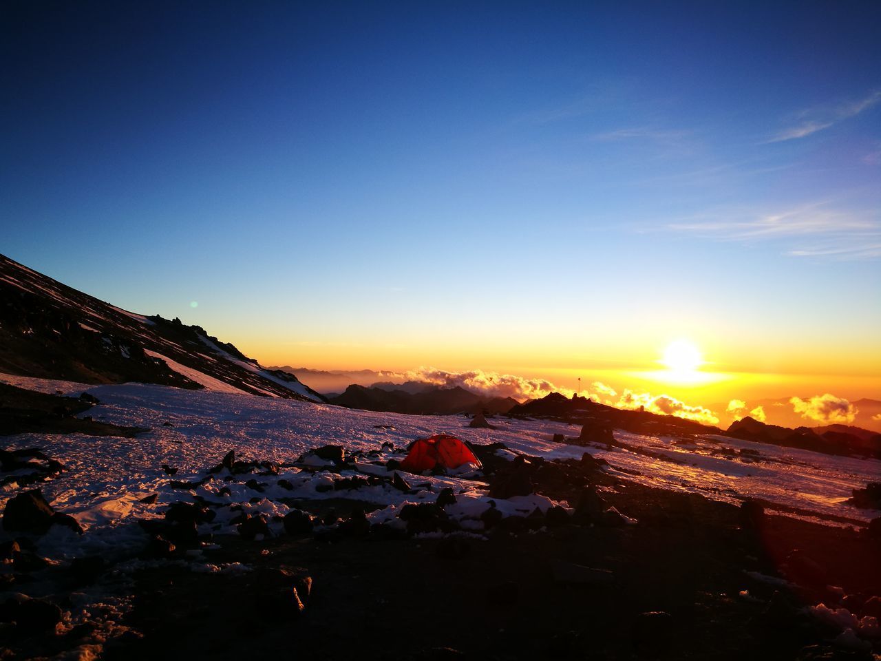 SCENIC VIEW OF LANDSCAPE AGAINST ORANGE SKY