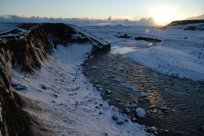 Scenic view of frozen sea against sky during sunset