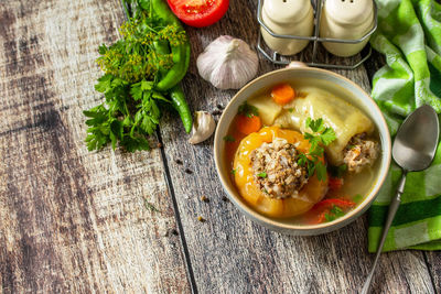 High angle view of soup in bowl on table