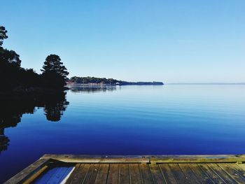 Scenic view of lake against clear blue sky