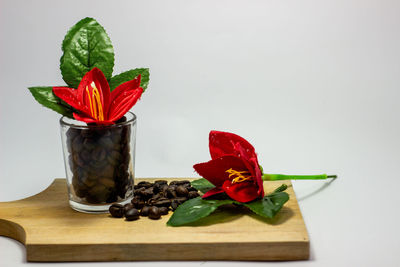 Close-up of red rose on table