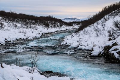 Scenic view of frozen river against sky during winter