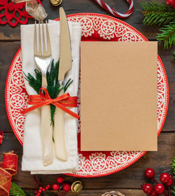 Directly above shot of christmas decorations on table