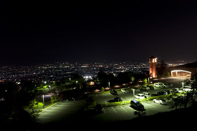 High angle view of illuminated city at night