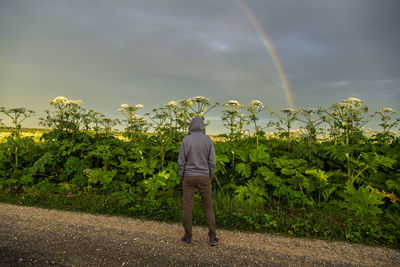 Rear view of man standing on field against sky