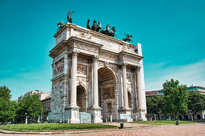 Landmark triumphal arch called arco della pace , arch of peace in milan