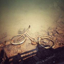 High angle view of abandoned bicycle at lakeshore