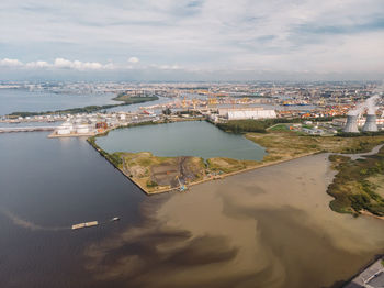 Gulf with dirty water from thermal power plant. heat generation, environmental pollution. 