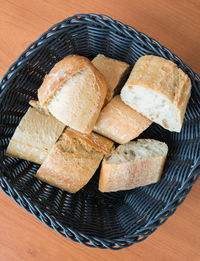 High angle view of bread in basket on table